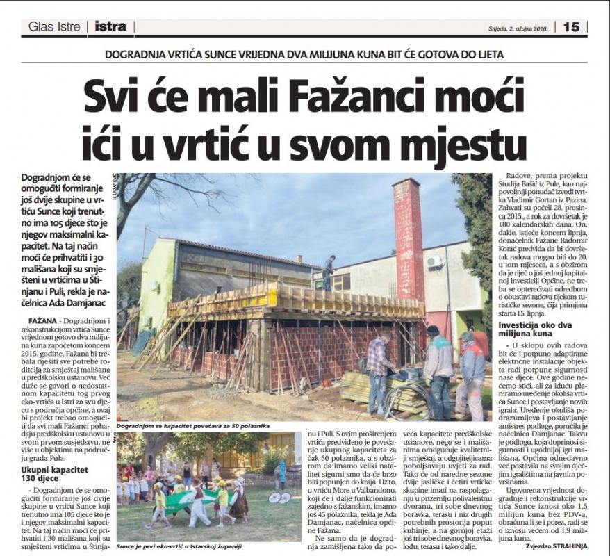 Članak u Glasu Istre o dogradnji vrtića